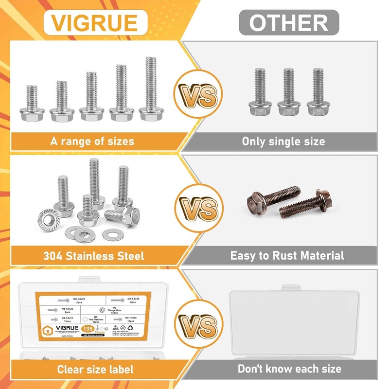 VIGRUE M6-1.0 x 12/16/20/25/30mm Flanged Hex Head Bolts, VIGURE 135PCS M6 Flange Hexagon Screws Serrated Flange Nuts Washers, Stainless Steel 18-8 (304), DIN 6921 - Image 3